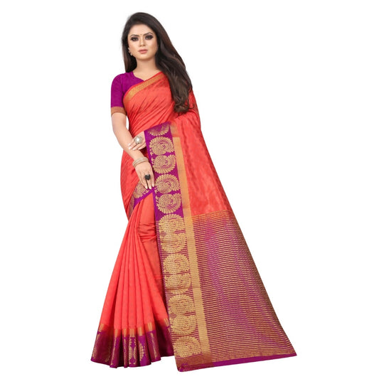 Amfyn Women's Kanjivaram Silk Saree With Unstitched Blouse Piece (Peach, 5-6 Mtrs)