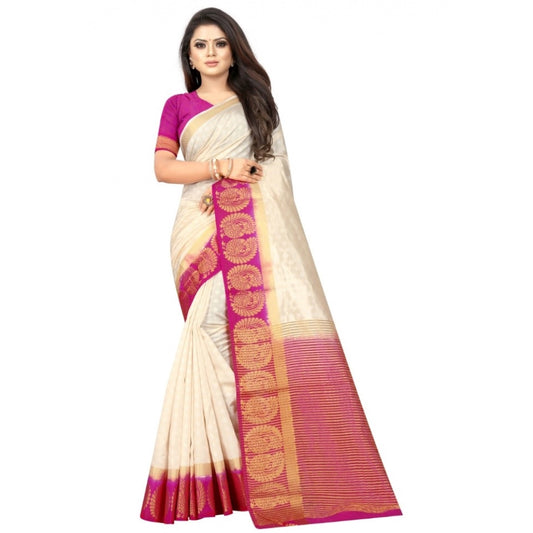 Amfyn Women's Kanjivaram Silk Saree With Unstitched Blouse Piece (White, 5-6 Mtrs)