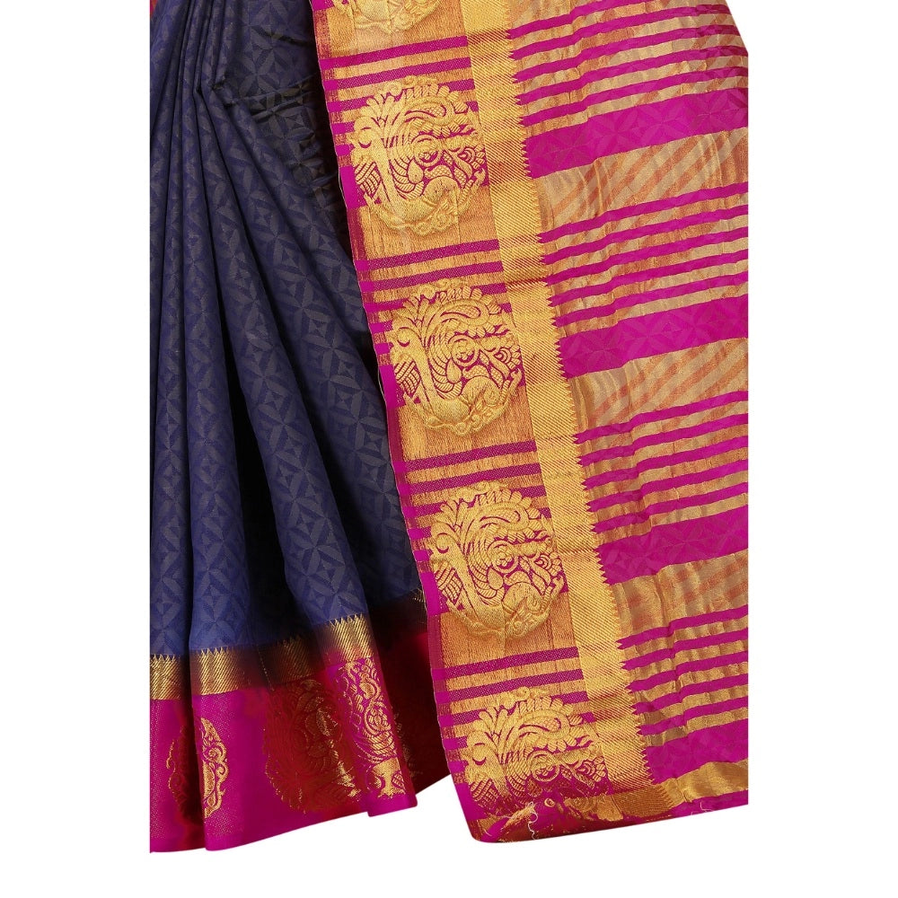 Amfyn Women's Kanjivaram Silk Saree With Unstitched Blouse Piece (Navy Blue, 5-6 Mtrs)