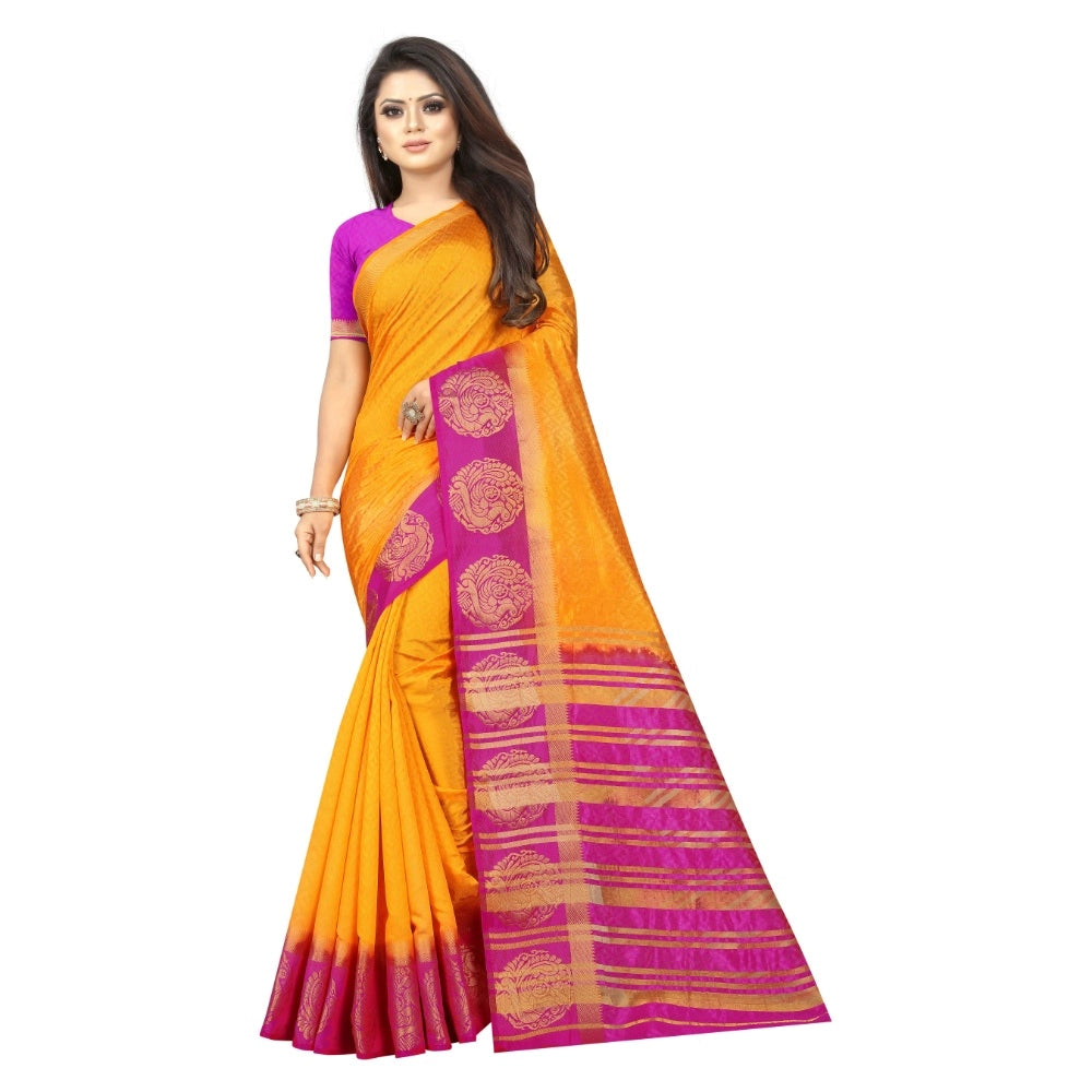 Amfyn Women's Kanjivaram Silk Saree With Unstitched Blouse Piece (Yellow, 5-6 Mtrs)