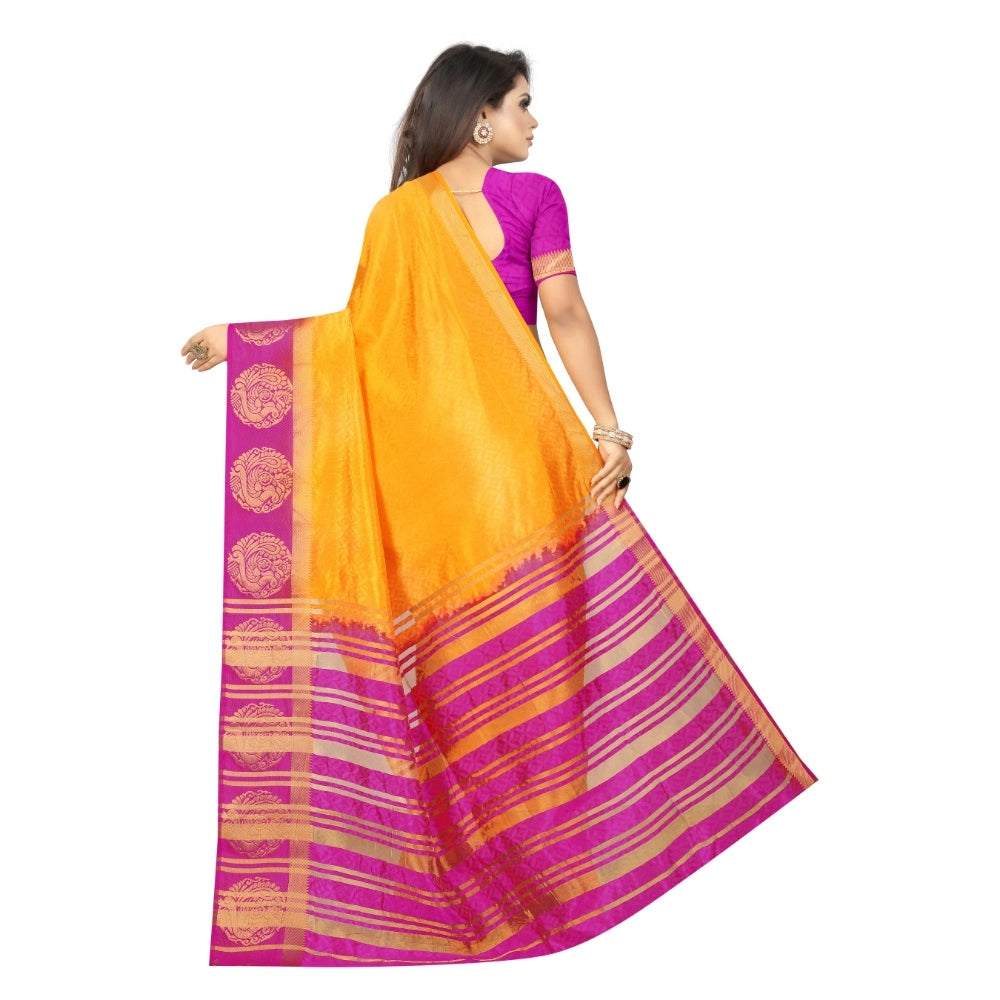 Amfyn Women's Kanjivaram Silk Saree With Unstitched Blouse Piece (Yellow, 5-6 Mtrs)