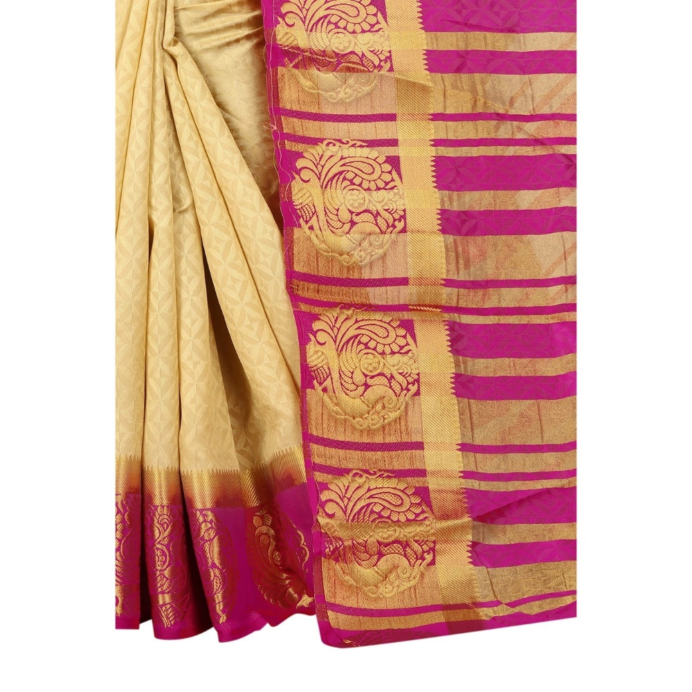 Amfyn Women's Kanjivaram Silk Saree With Unstitched Blouse Piece (Beige, 5-6 Mtrs)