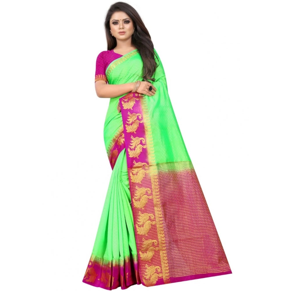 Amfyn Women's Kanjivaram Silk Saree With Unstitched Blouse Piece (Light Green, 5-6 Mtrs)