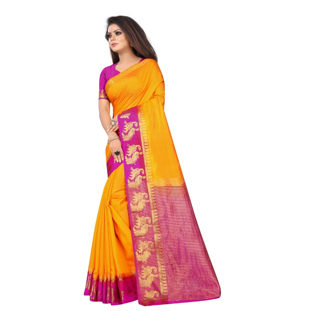 Amfyn Women's Kanjivaram Silk Saree With Unstitched Blouse Piece (Yellow, 5-6 Mtrs)