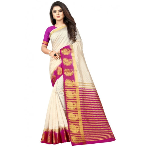 Amfyn Women's Kanjivaram Silk Saree With Unstitched Blouse Piece (White, 5-6 Mtrs)