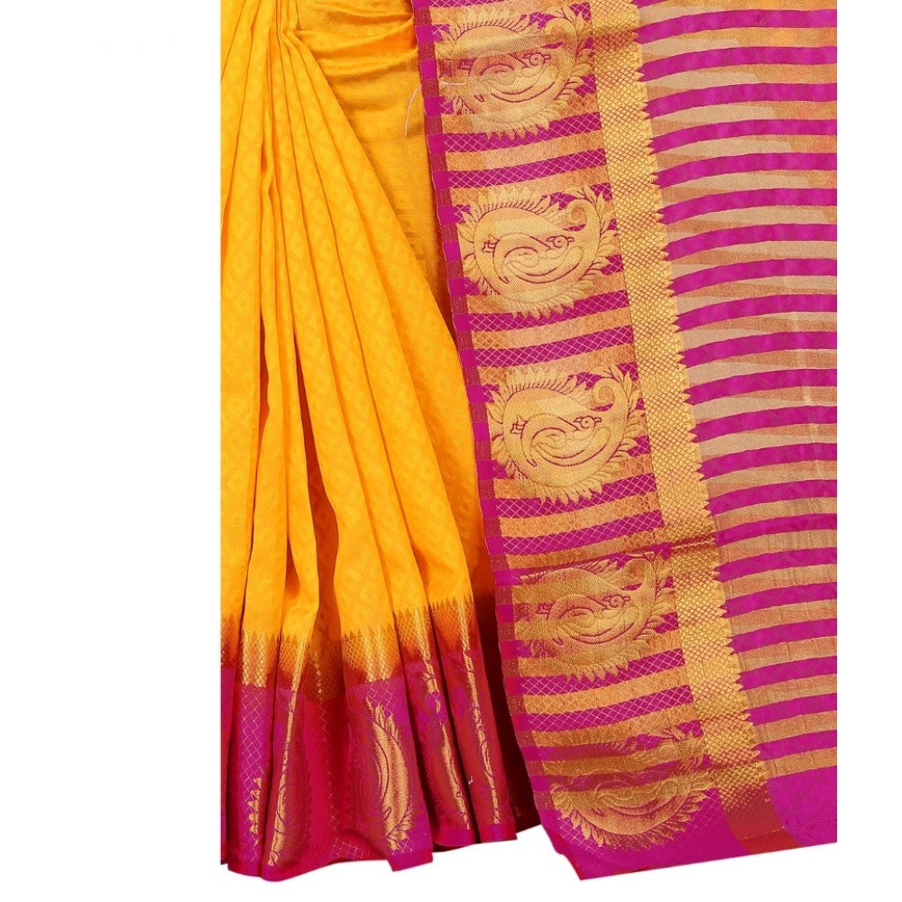 Amfyn Women's Kanjivaram Silk Saree With Unstitched Blouse Piece (Yellow, 5-6 Mtrs)