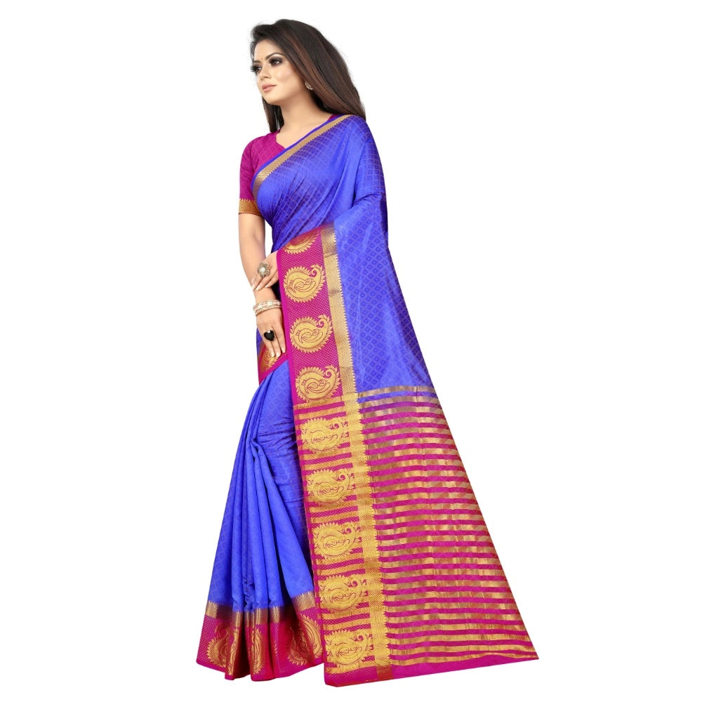 Amfyn Women's Kanjivaram Silk Saree With Unstitched Blouse Piece (Blue, 5-6 Mtrs)