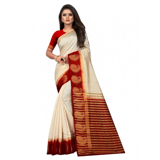 Amfyn Women's Kanjivaram Silk Saree With Unstitched Blouse Piece (White, 5-6 Mtrs)