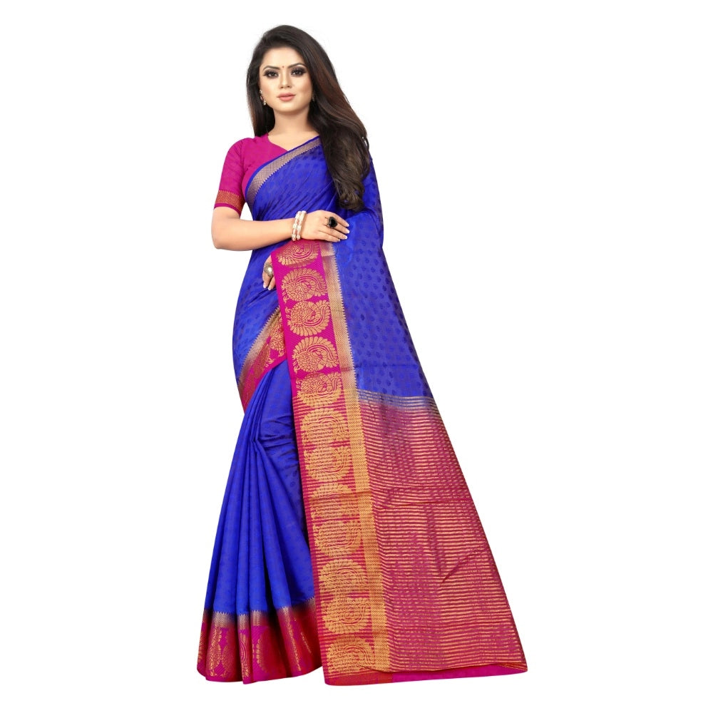 Amfyn Women's Kanjivaram Silk Saree With Unstitched Blouse Piece (Blue, 5-6 Mtrs)