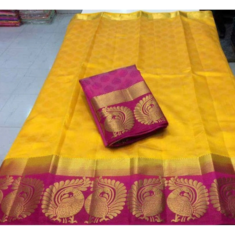 Amfyn Women's Kanjivaram Silk Saree With Unstitched Blouse Piece (Yellow, 5-6 Mtrs)