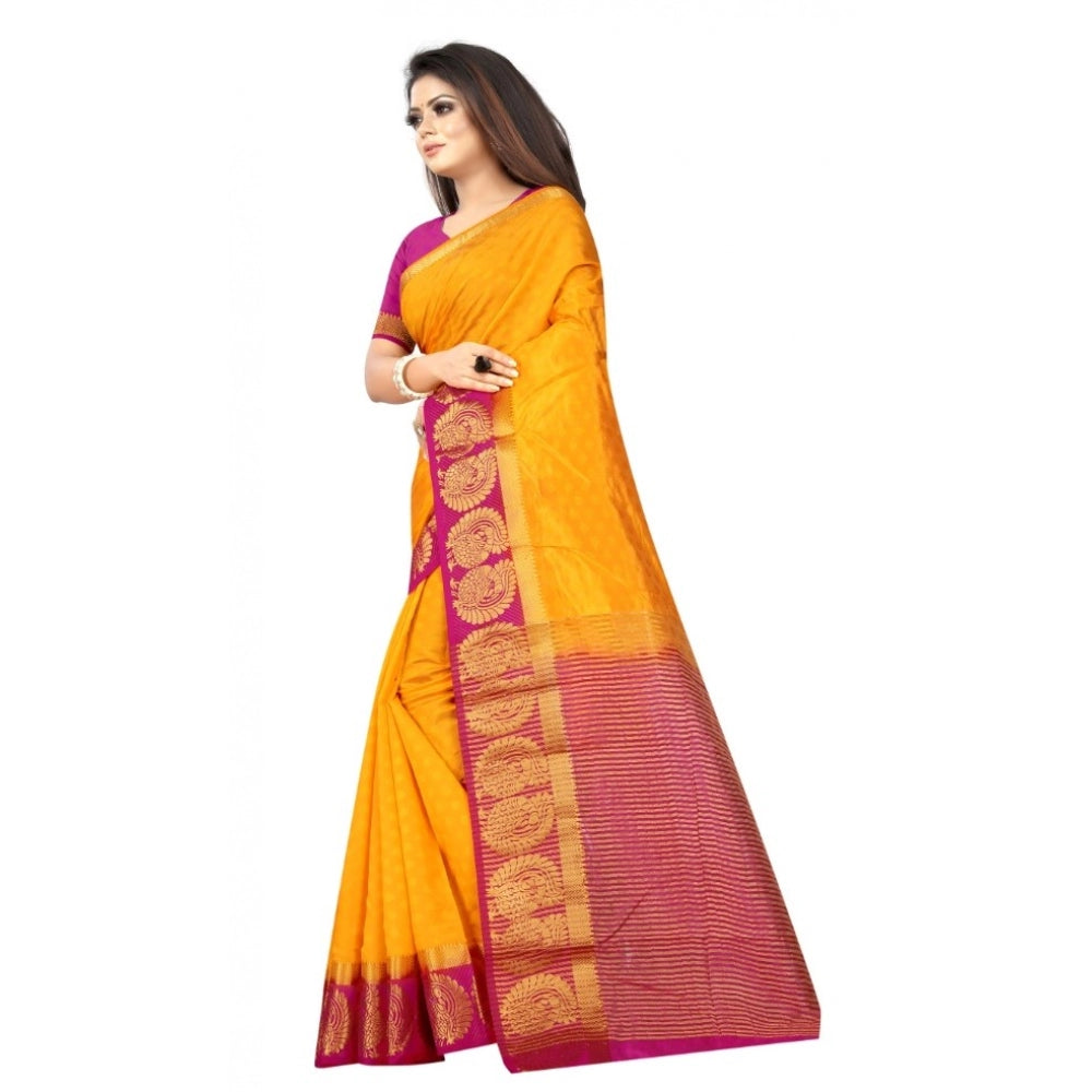 Amfyn Women's Kanjivaram Silk Saree With Unstitched Blouse Piece (Yellow, 5-6 Mtrs)
