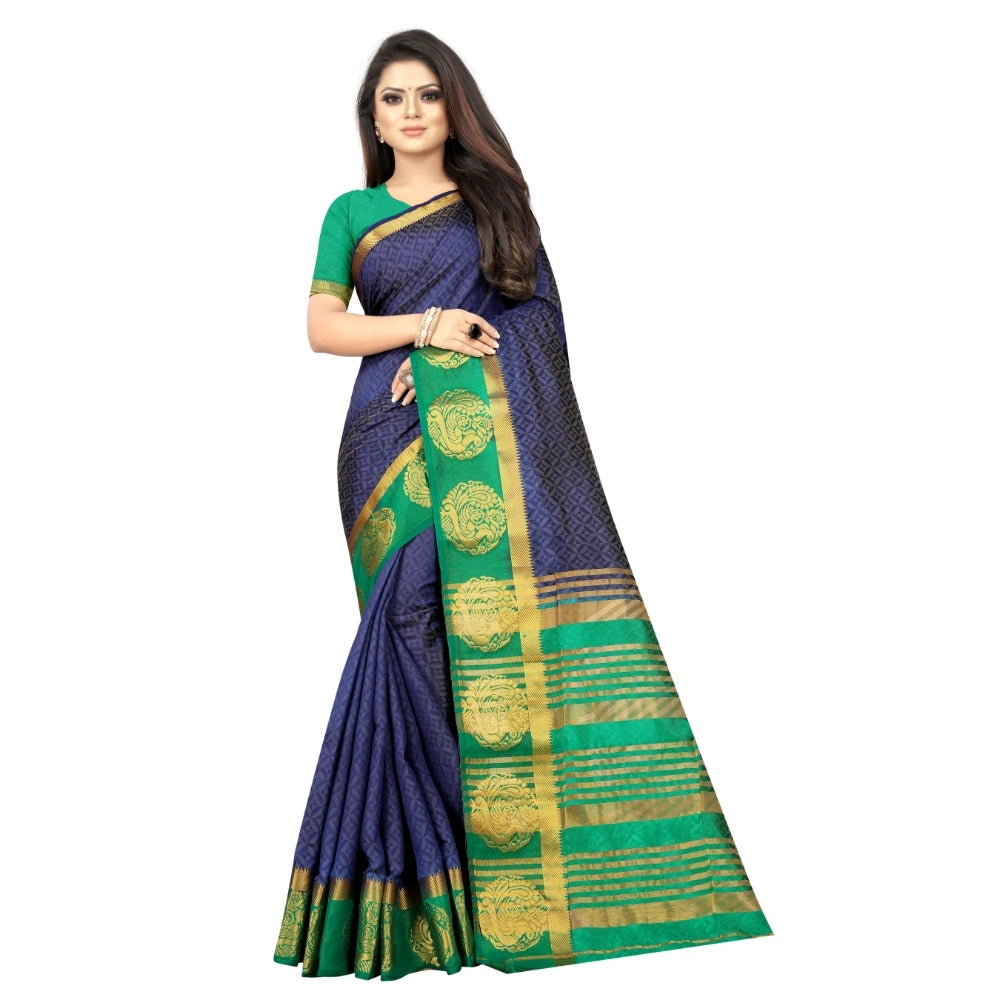 Amfyn Women's Kanjivaram Silk Saree With Unstitched Blouse Piece (Blue, 5-6 Mtrs)