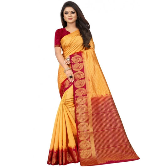 Amfyn Women's Kanjivaram Silk Saree With Unstitched Blouse Piece (Yellow, 5-6 Mtrs)
