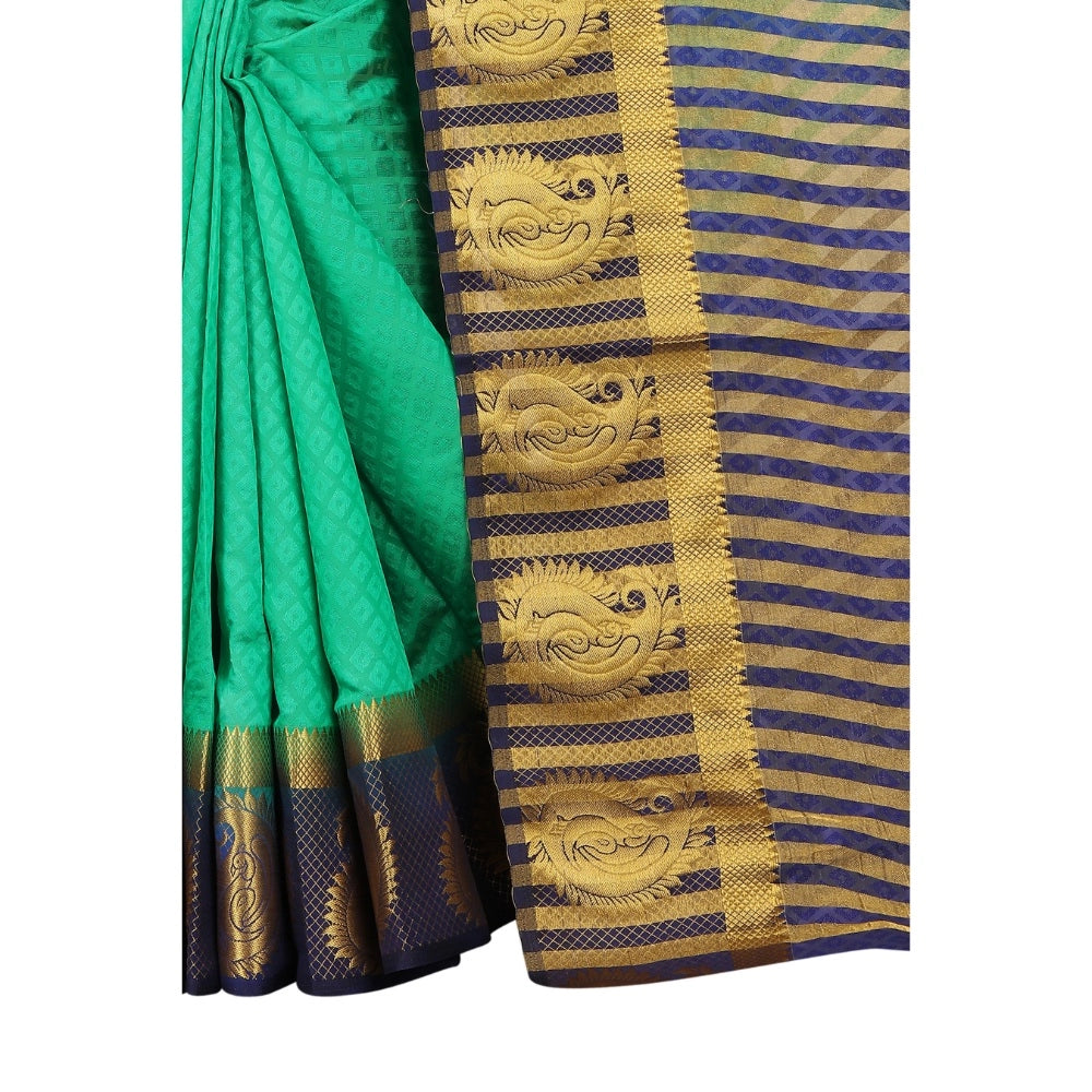 Amfyn Women's Kanjivaram Silk Saree With Unstitched Blouse Piece (Turquoise Green, 5-6 Mtrs)