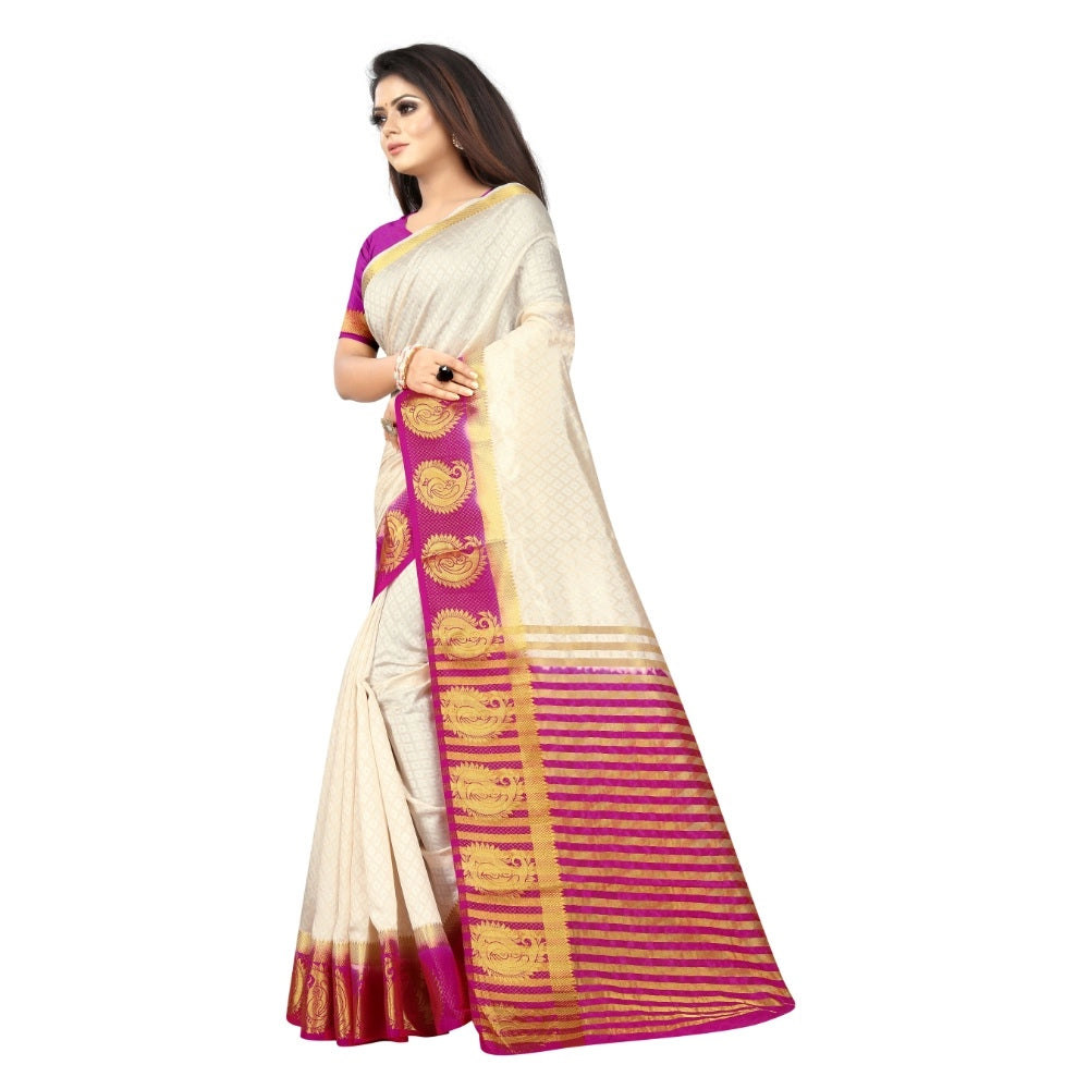 Amfyn Women's Kanjivaram Silk Saree With Unstitched Blouse Piece (White, 5-6 Mtrs)