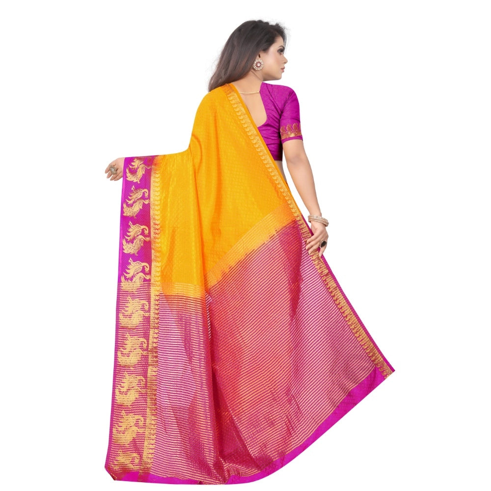 Amfyn Women's Kanjivaram Silk Saree With Unstitched Blouse Piece (Yellow, 5-6 Mtrs)