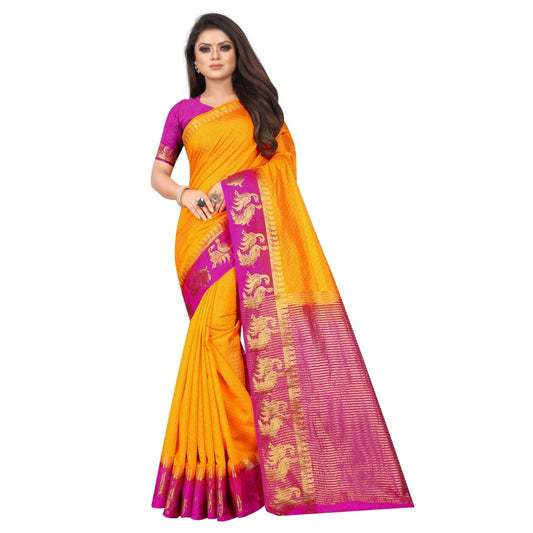 Amfyn Women's Kanjivaram Silk Saree With Unstitched Blouse Piece (Yellow, 5-6 Mtrs)