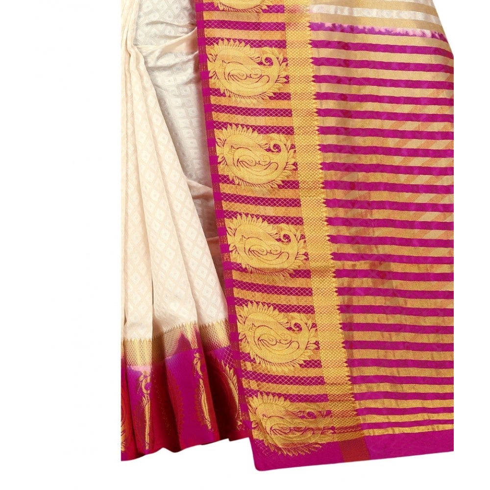 Amfyn Women's Kanjivaram Silk Saree With Unstitched Blouse Piece (White, 5-6 Mtrs)