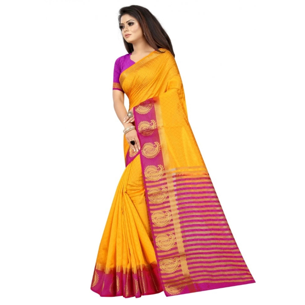 Amfyn Women's Kanjivaram Silk Saree With Unstitched Blouse Piece (Yellow, 5-6 Mtrs)