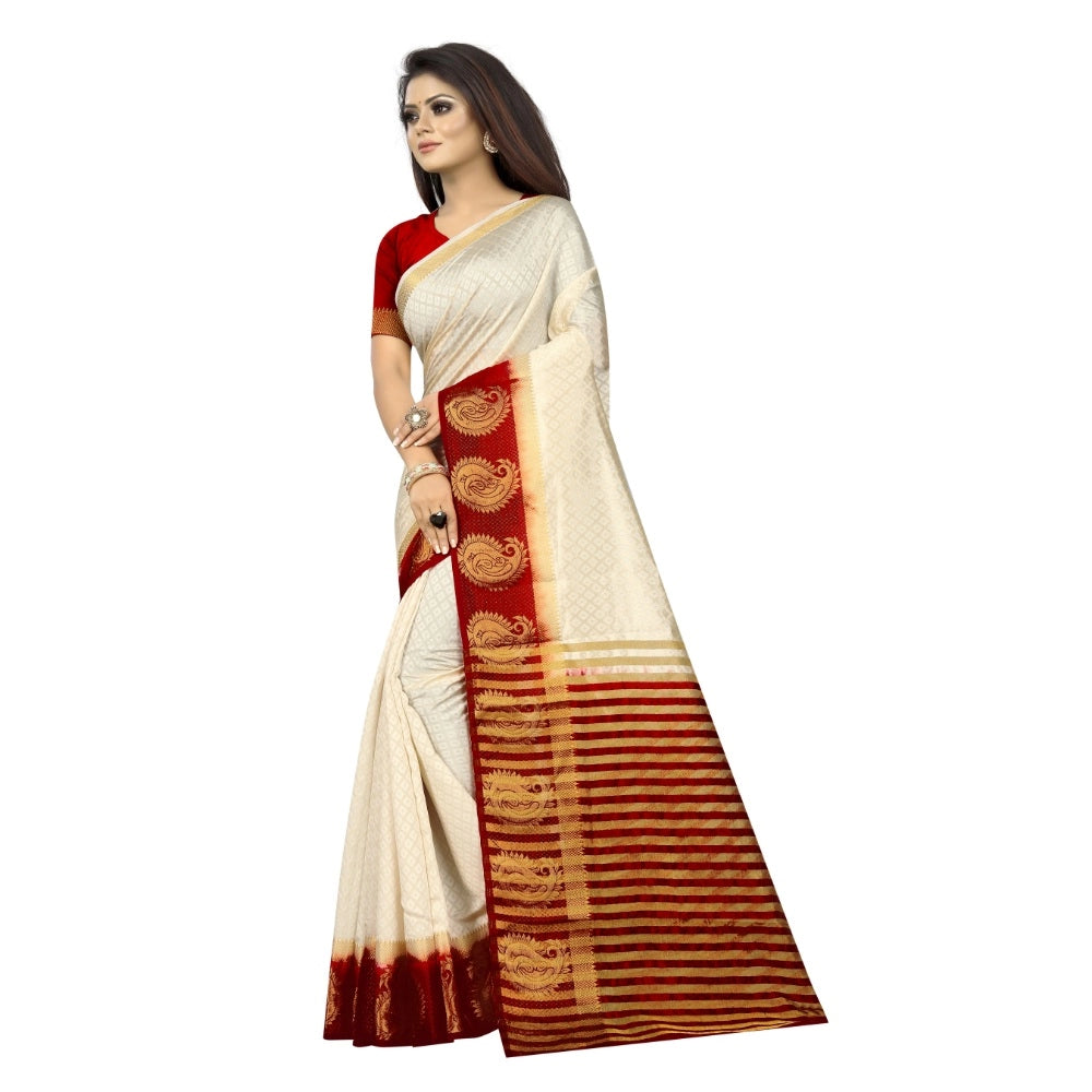 Amfyn Women's Kanjivaram Silk Saree With Unstitched Blouse Piece (White, 5-6 Mtrs)