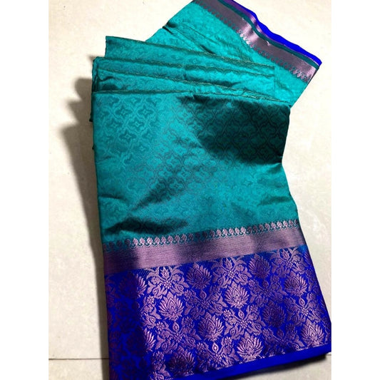 Amfyn Women's Kanjivaram Silk Saree With Unstitched Blouse Piece (Turquoise Green, 5-6 Mtrs)