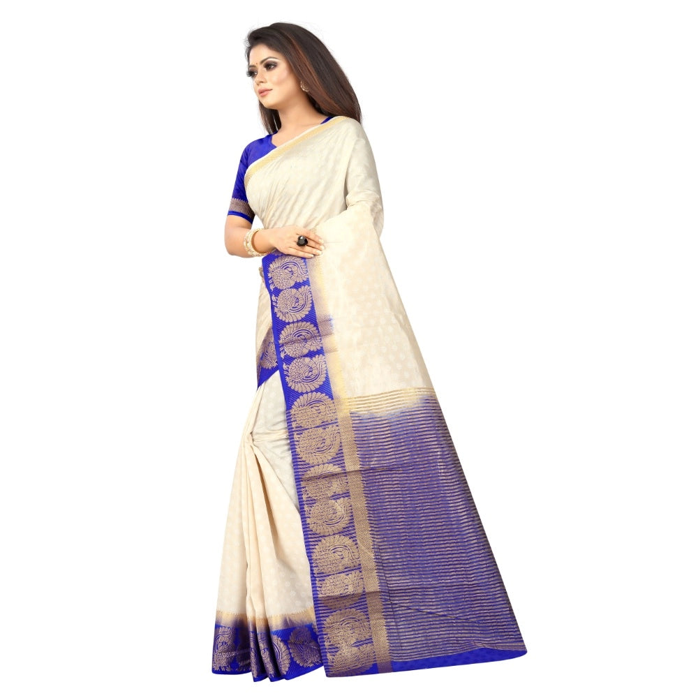 Amfyn Women's Kanjivaram Silk Saree With Unstitched Blouse Piece (White, 5-6 Mtrs)