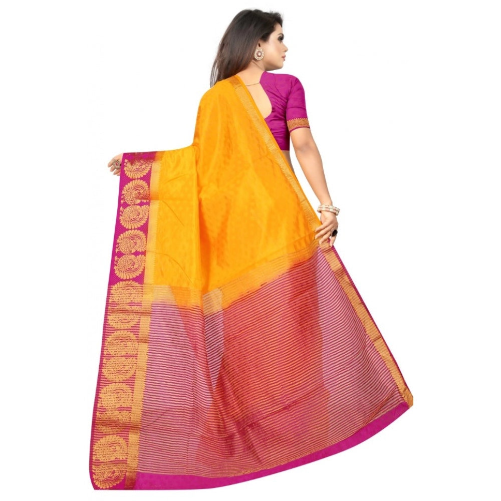 Amfyn Women's Kanjivaram Silk Saree With Unstitched Blouse Piece (Yellow, 5-6 Mtrs)