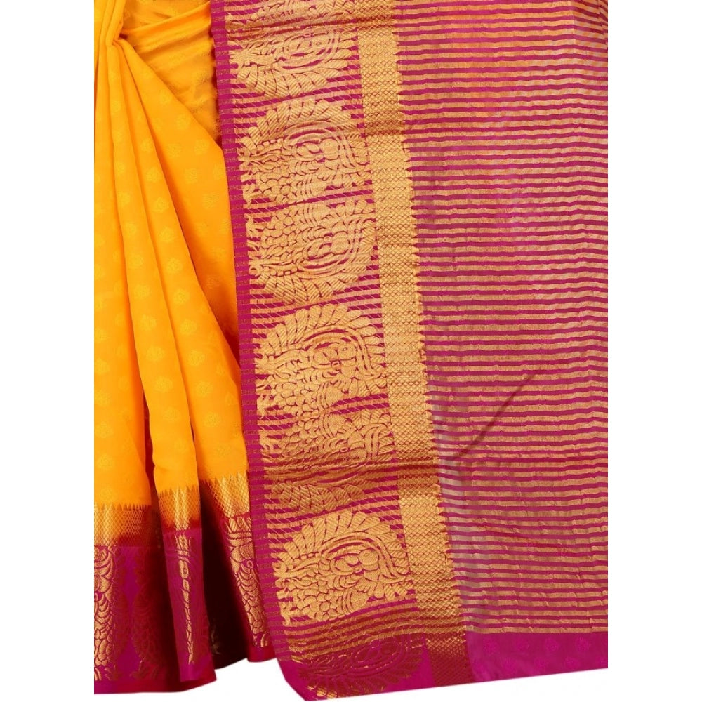 Amfyn Women's Kanjivaram Silk Saree With Unstitched Blouse Piece (Yellow, 5-6 Mtrs)