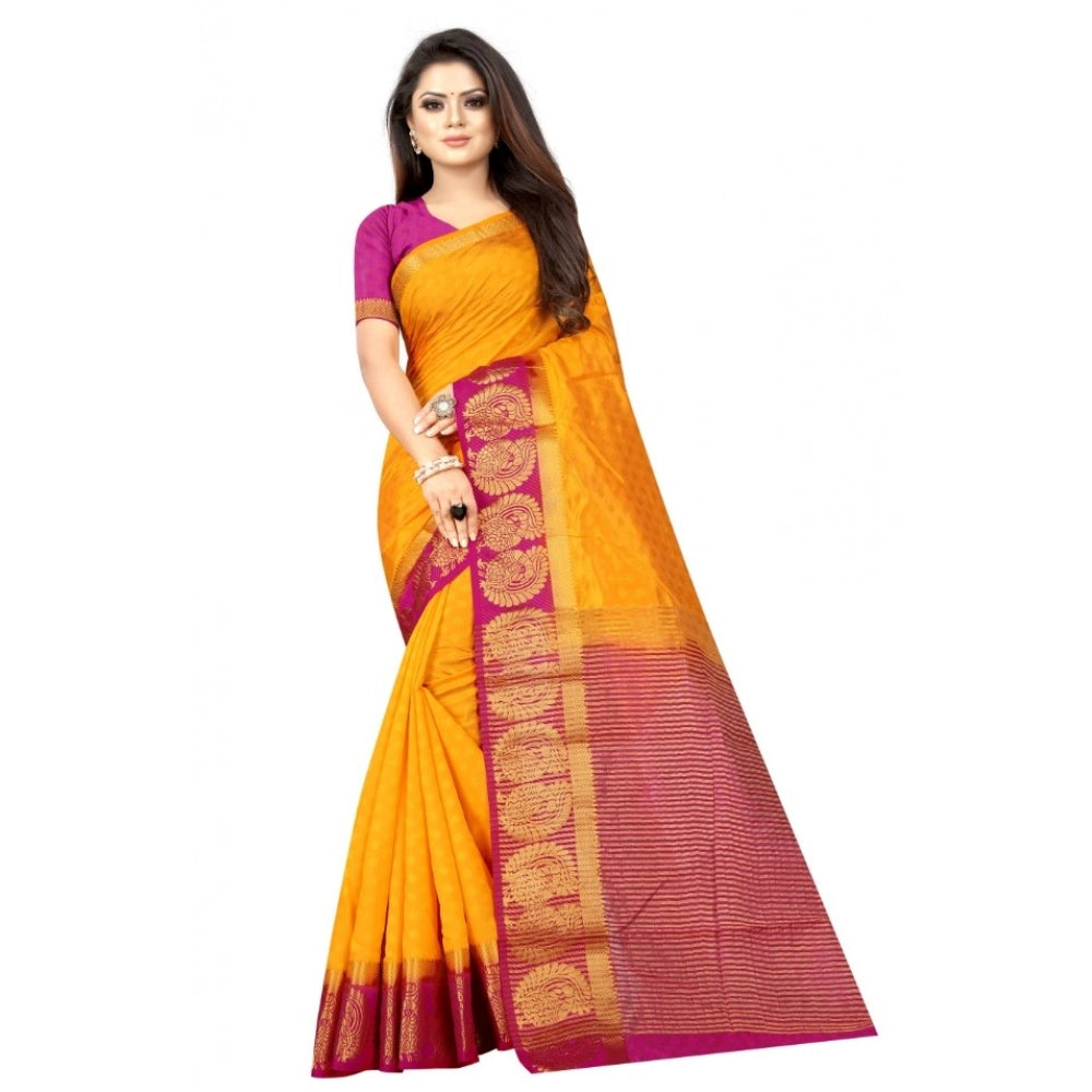 Amfyn Women's Kanjivaram Silk Saree With Unstitched Blouse Piece (Yellow, 5-6 Mtrs)