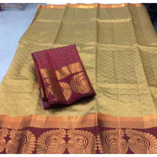 Amfyn Women's Kanjivaram Silk Saree With Unstitched Blouse Piece (Beige, 5-6 Mtrs)