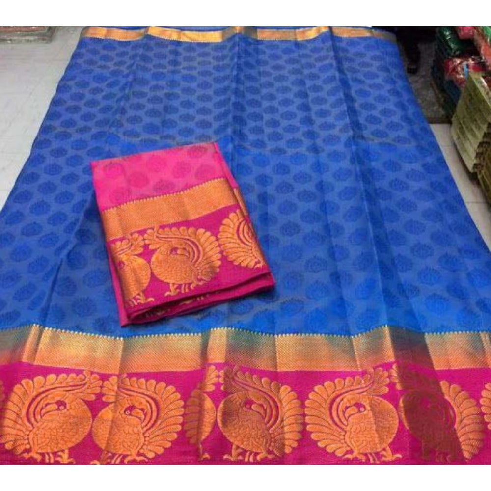 Amfyn Women's Kanjivaram Silk Saree With Unstitched Blouse Piece (Blue, 5-6 Mtrs)