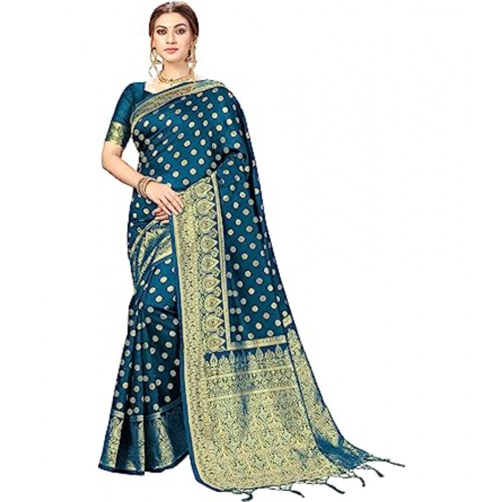 Amfyn Women's Floral Pattern Jacquard Woven Banarasi Art Silk Saree With Unstitched Blouse Piece (Teal Blue, 5-6mtrs)