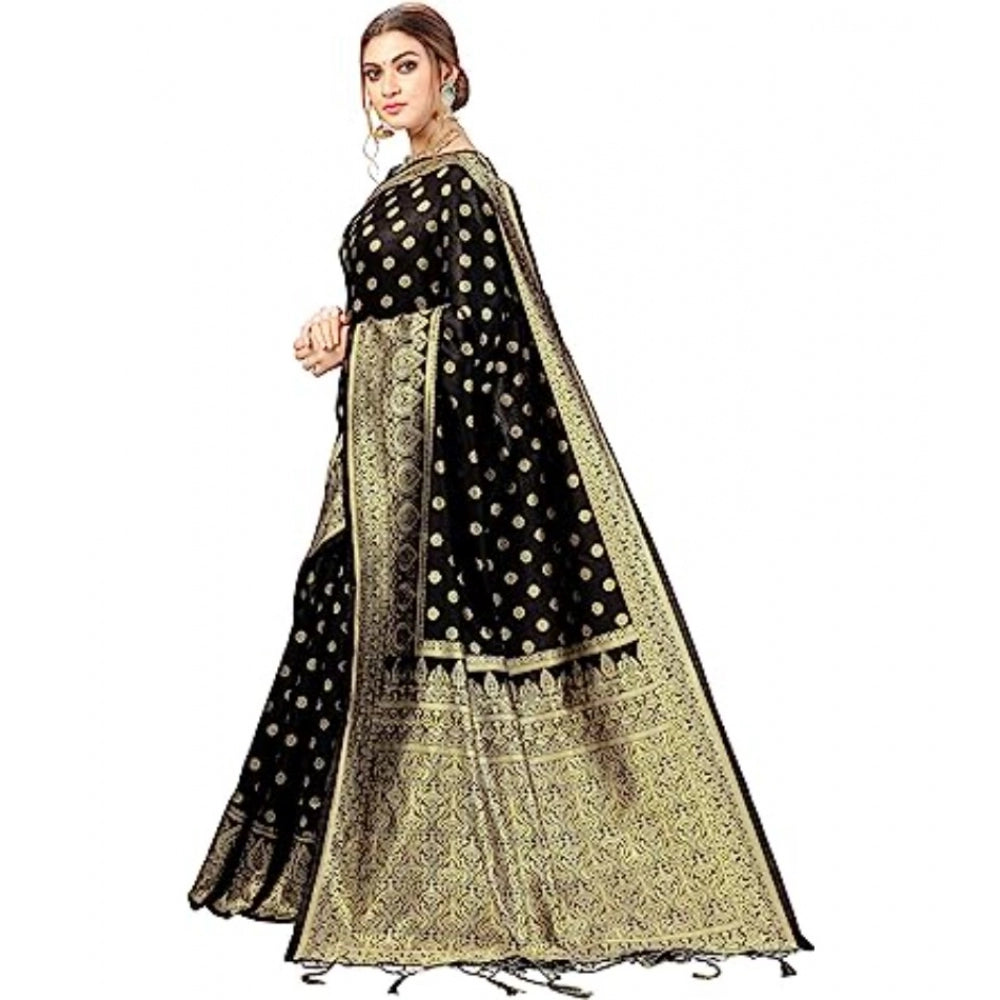 Amfyn Women's Floral Pattern Jacquard Woven Banarasi Art Silk Saree With Unstitched Blouse Piece (Black, 5-6mtrs)