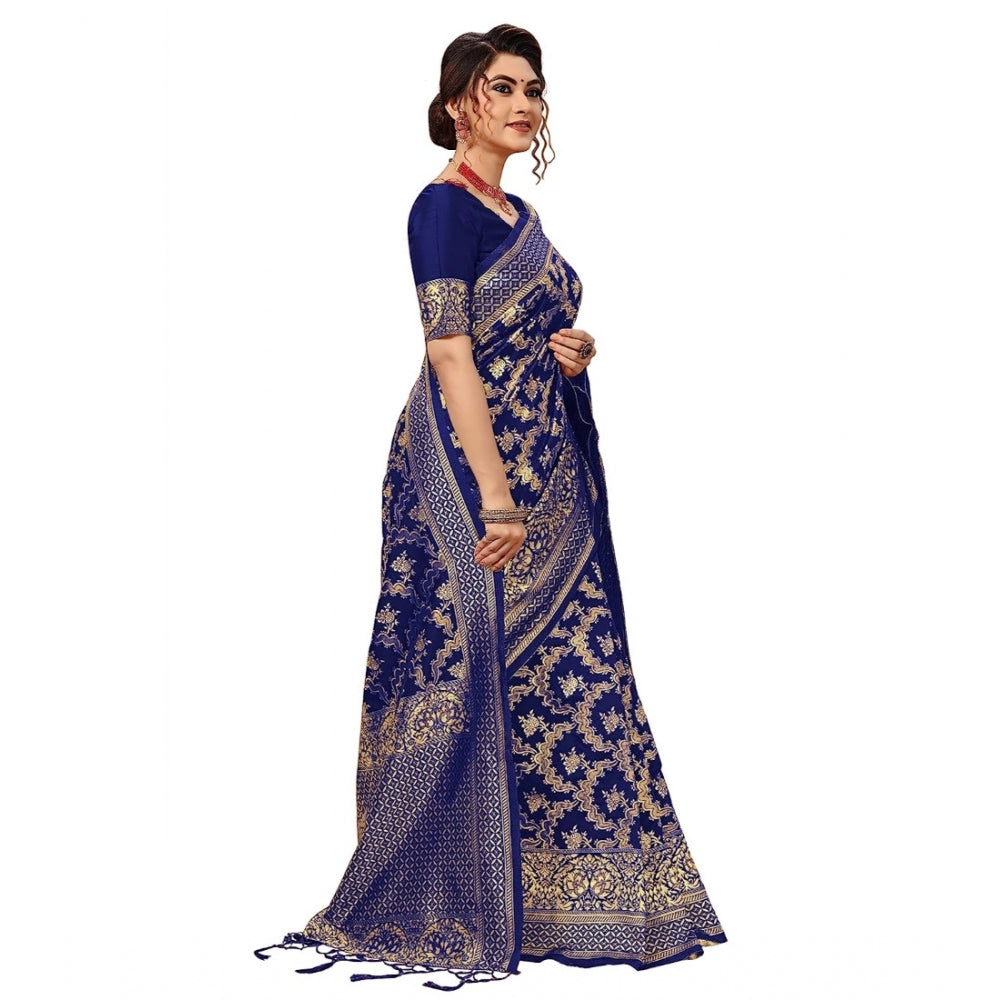 Amfyn Women's Damask Pattern Jacquard Woven Banarasi Art Silk Saree With Unstitched Blouse Piece (Blue, 5-6mtrs)