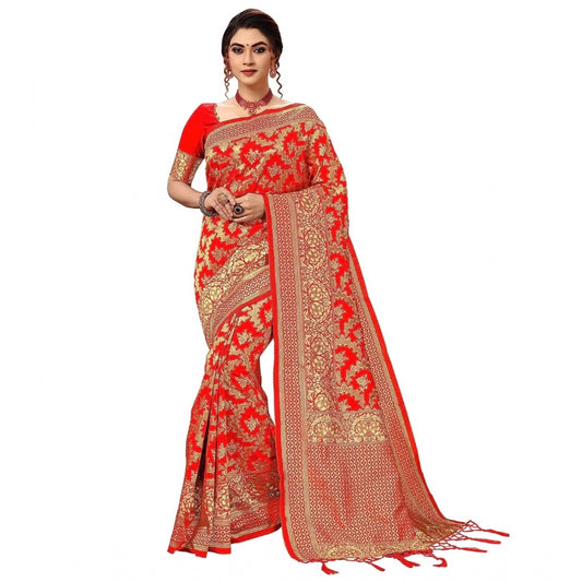 Amfyn Women's Damask Pattern Jacquard Woven Banarasi Art Silk Saree With Unstitched Blouse Piece (Red, 5-6mtrs)
