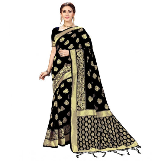 Amfyn Women's Kanjivaram Style Floral design Jacquard Zari Woven Banarasi Art Silk Saree With Unstitched Blouse Piece (Black, 5-6mtrs)