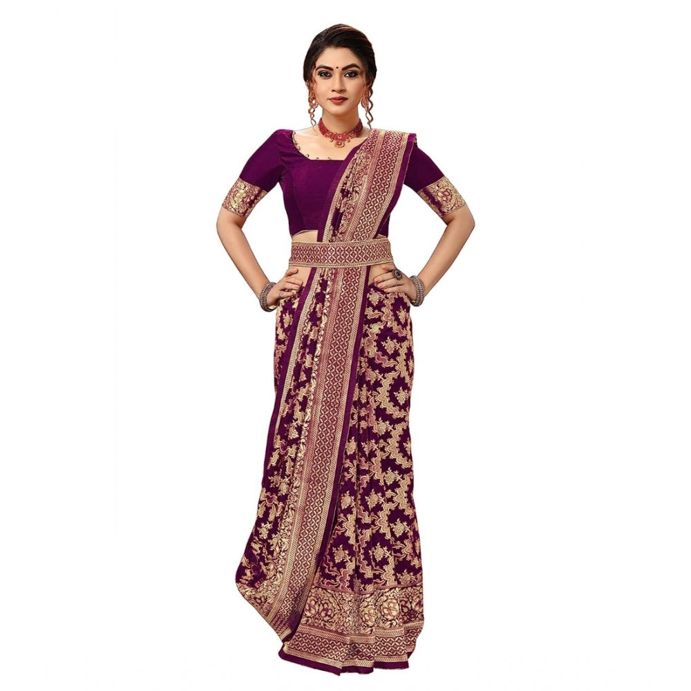 Amfyn Women's Damask Pattern Jacquard Woven Banarasi Art Silk Saree With Unstitched Blouse Piece (Purple, 5-6mtrs)