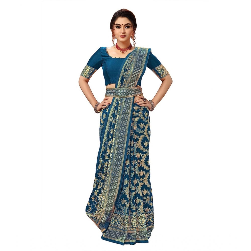 Amfyn Women's Damask Pattern Jacquard Woven Banarasi Art Silk Saree With Unstitched Blouse Piece (Teal Blue, 5-6mtrs)