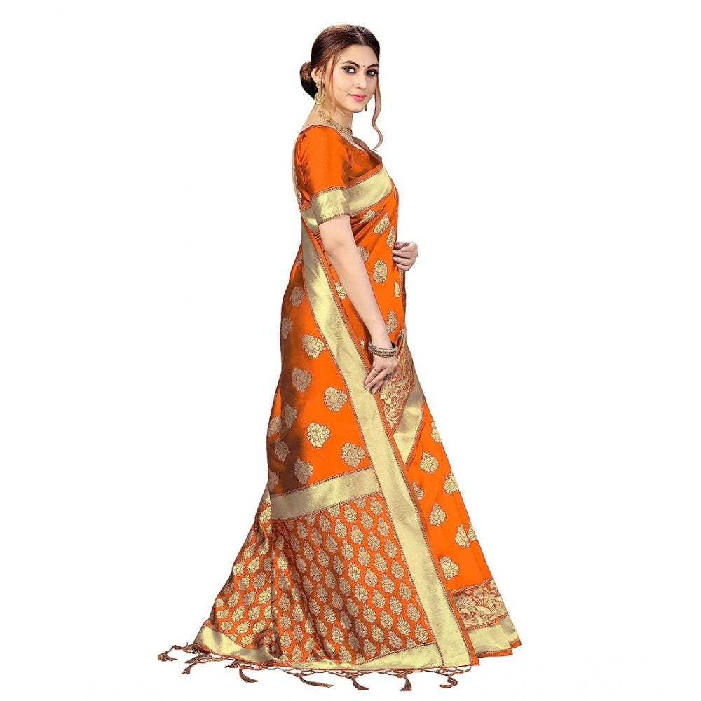 Amfyn Women's Kanjivaram Style Floral design Jacquard Zari Woven Banarasi Art Silk Saree With Unstitched Blouse Piece (Orange, 5-6mtrs)