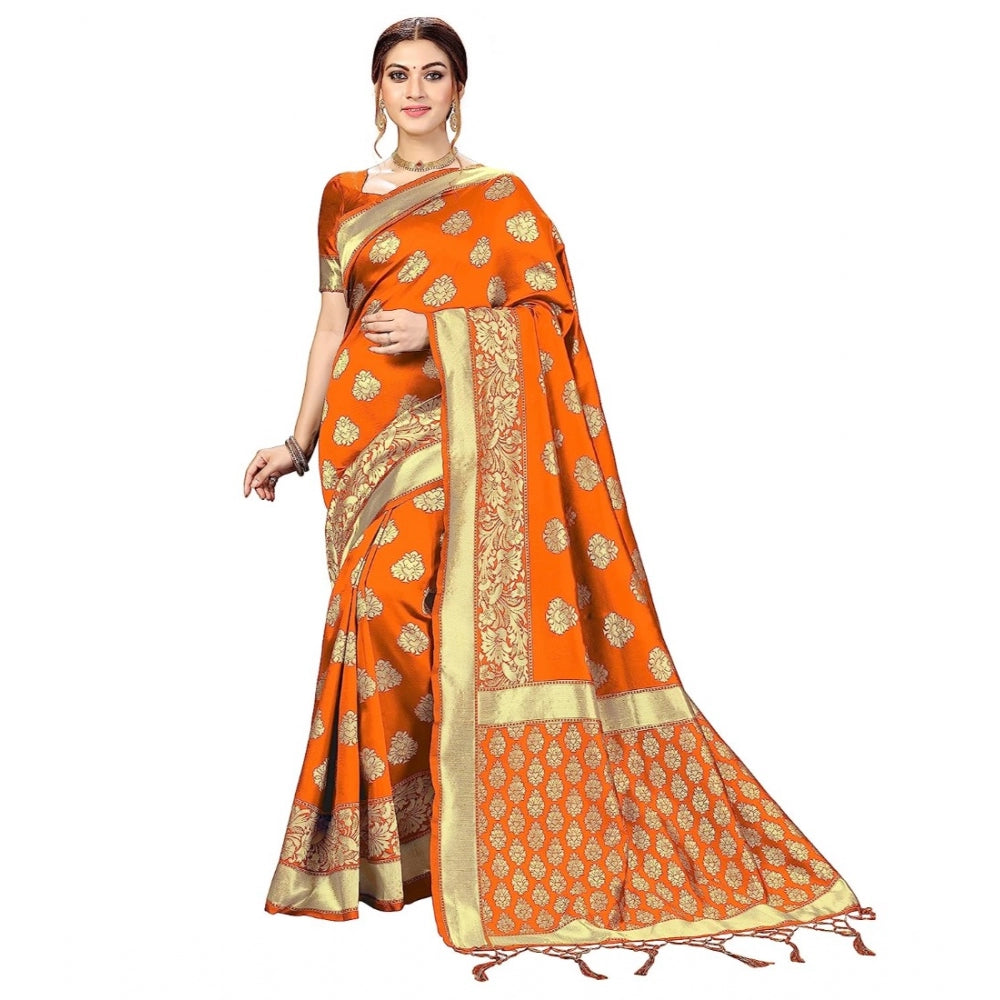 Amfyn Women's Kanjivaram Style Floral design Jacquard Zari Woven Banarasi Art Silk Saree With Unstitched Blouse Piece (Orange, 5-6mtrs)