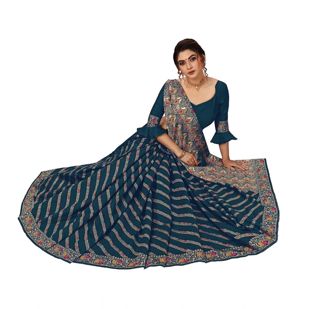 Amfyn Women's Floral Striped Pattern Jacquard Woven Banarasi Art Silk Saree With Unstitched Blouse Piece (Teal Blue, 5-6mtrs)