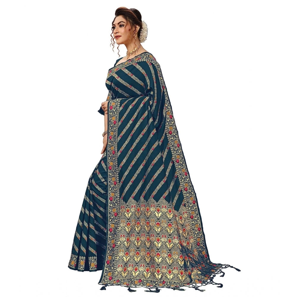 Amfyn Women's Floral Striped Pattern Jacquard Woven Banarasi Art Silk Saree With Unstitched Blouse Piece (Teal Blue, 5-6mtrs)