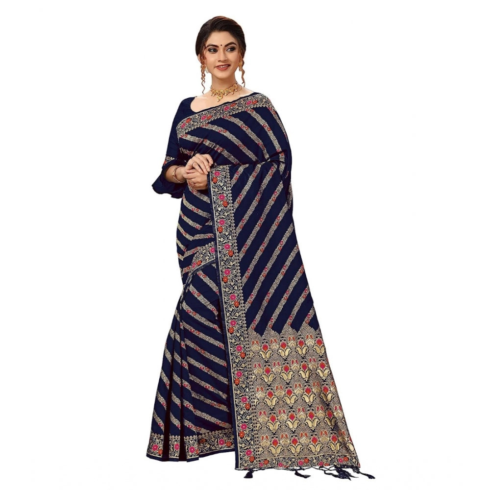 Amfyn Women's Floral Striped Pattern Jacquard Woven Banarasi Art Silk Saree With Unstitched Blouse Piece (Blue, 5-6mtrs)