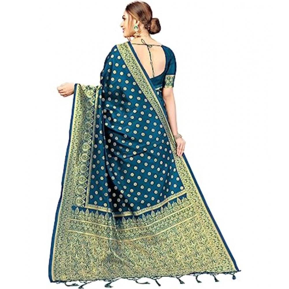 Amfyn Women's Floral Pattern Jacquard Woven Banarasi Art Silk Saree With Unstitched Blouse Piece (Teal Blue, 5-6mtrs)