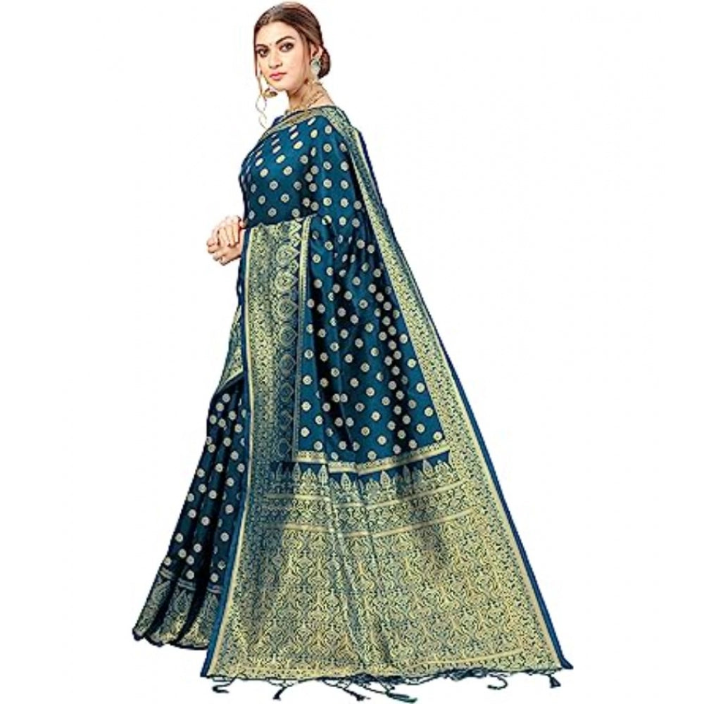 Amfyn Women's Floral Pattern Jacquard Woven Banarasi Art Silk Saree With Unstitched Blouse Piece (Teal Blue, 5-6mtrs)