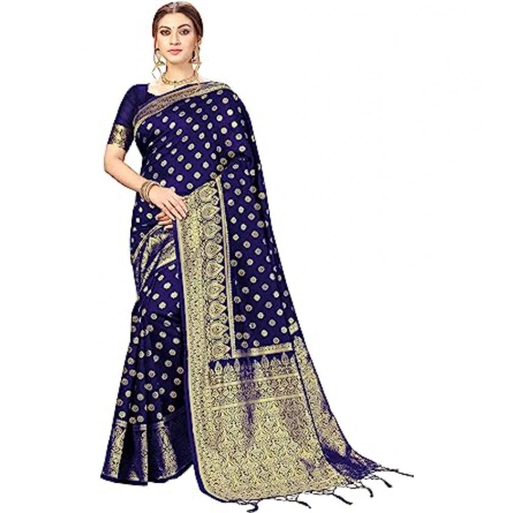 Amfyn Women's Floral Pattern Jacquard Woven Banarasi Art Silk Saree With Unstitched Blouse Piece (Blue, 5-6mtrs)