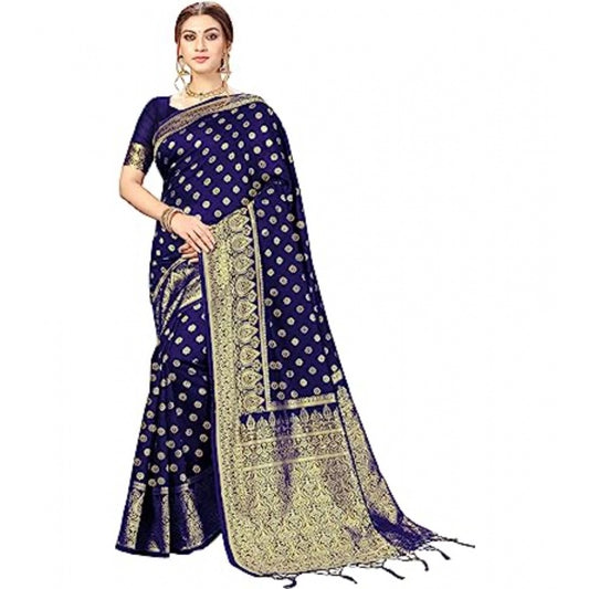 Amfyn Women's Floral Pattern Jacquard Woven Banarasi Art Silk Saree With Unstitched Blouse Piece (Blue, 5-6mtrs)