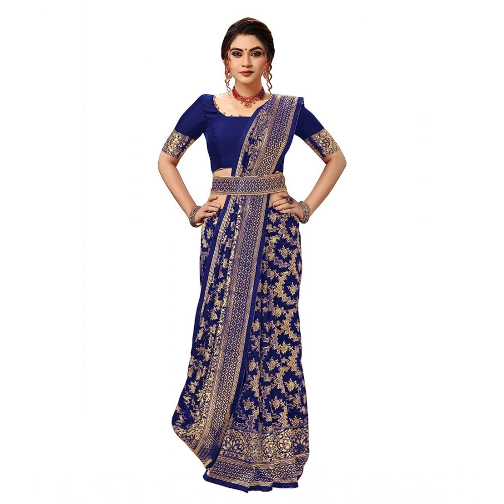 Amfyn Women's Damask Pattern Jacquard Woven Banarasi Art Silk Saree With Unstitched Blouse Piece (Blue, 5-6mtrs)