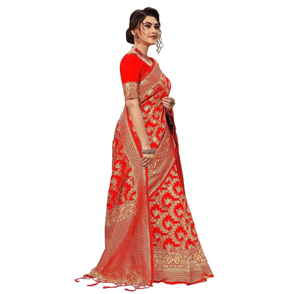 Amfyn Women's Damask Pattern Jacquard Woven Banarasi Art Silk Saree With Unstitched Blouse Piece (Red, 5-6mtrs)