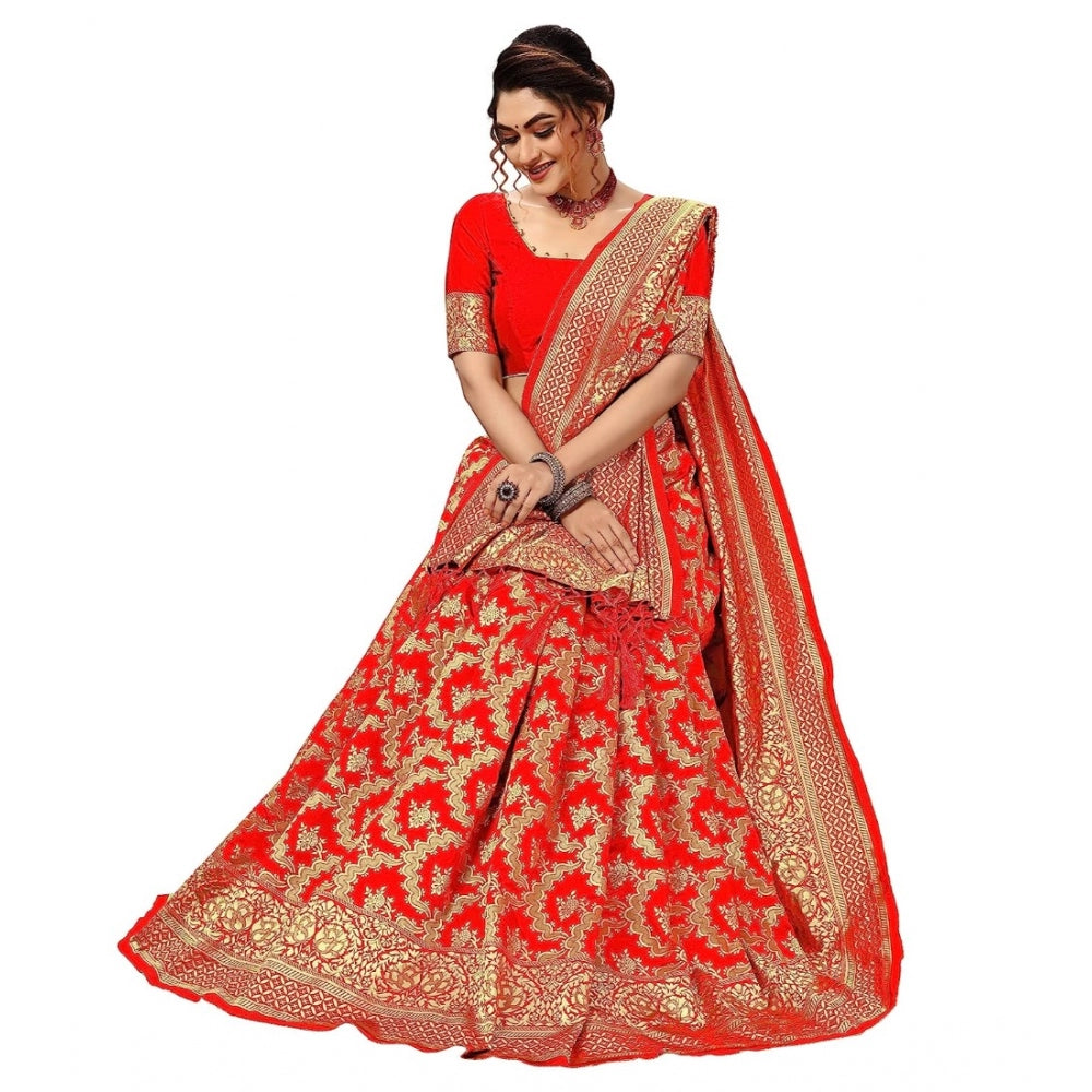 Amfyn Women's Damask Pattern Jacquard Woven Banarasi Art Silk Saree With Unstitched Blouse Piece (Red, 5-6mtrs)